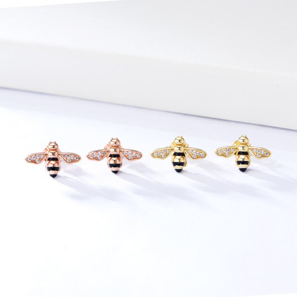 S925 Sterling Silver Honey Bee Stud Earrings, Hand-Painted Enamel Bumble Bee Earrings with Zircon, Whimsical Animal Jewelry for Women & Girls