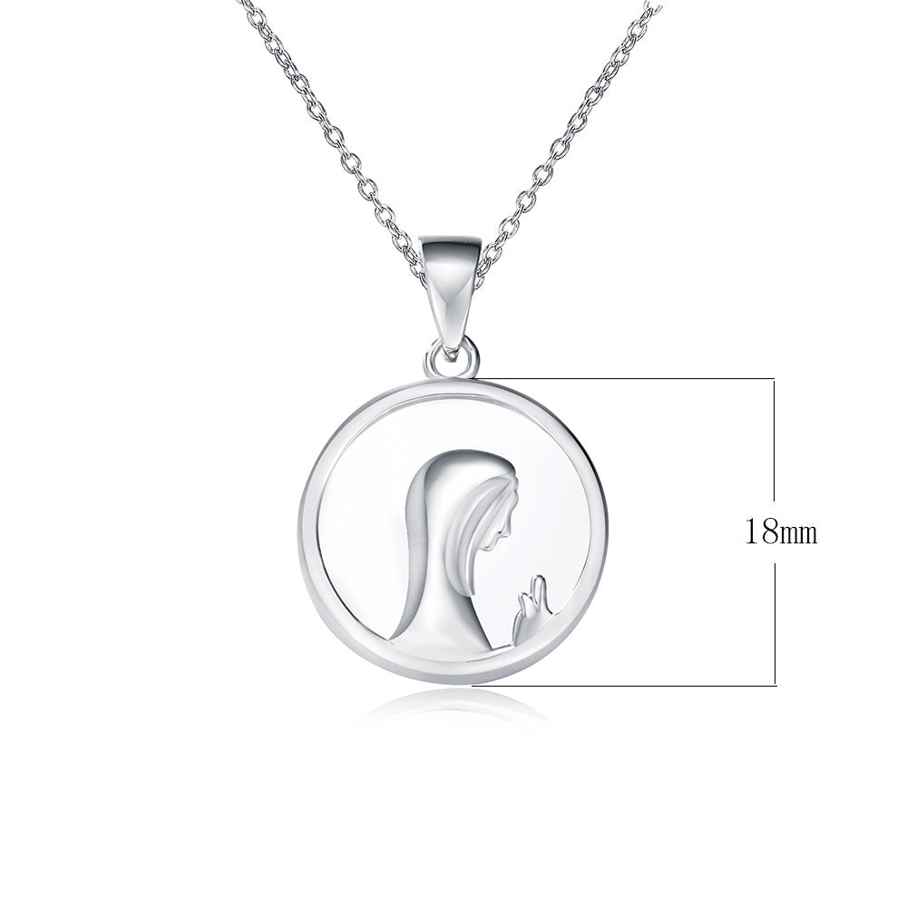 S925 Silver Mother of Pearl Virgin Mary Portrait Pendant - Modern Retro Religious Aesthetic Chain