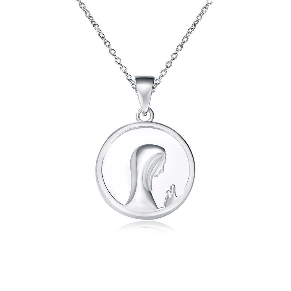S925 Silver Mother of Pearl Virgin Mary Portrait Pendant - Modern Retro Religious Aesthetic Chain