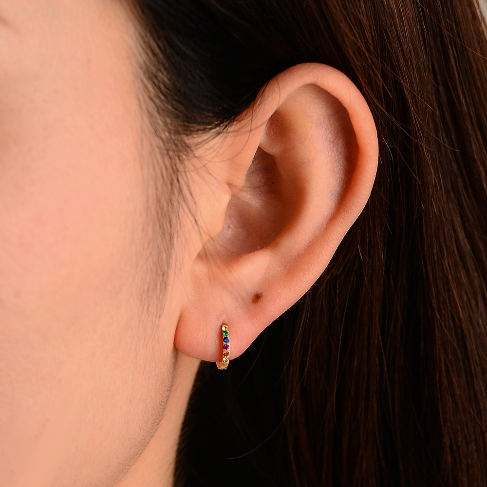 925 Sterling Silver Rainbow Zircon Hoop Earrings, Micro-Pave Colored CZ Huggie Hoops, Hypoallergenic Round Ear Buckles, Dainty Tiny Hoops for Women