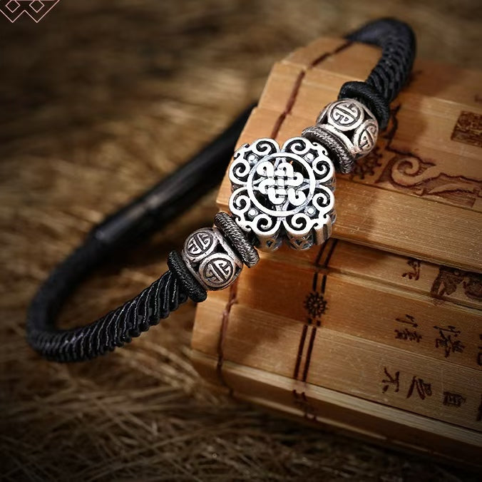 925 Sterling Silver Lucky Black Hand-Woven Knot Stainless Steel Clip Bracelet