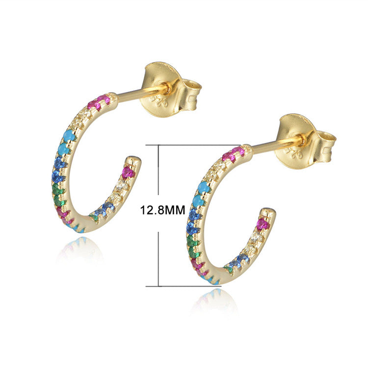 S925 Silver Rainbow C-Shape Earrings, Micro-Pave Zirconia Half Hoops for Women