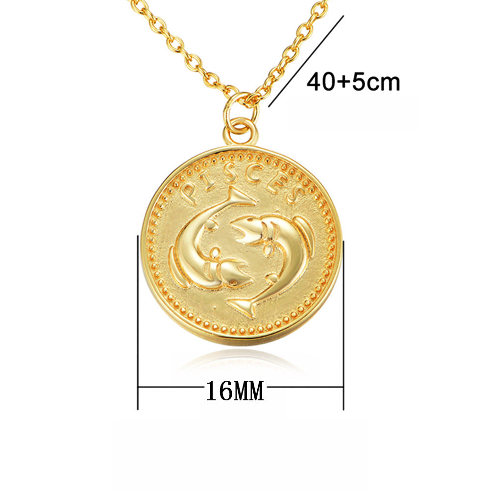 925 Sterling Silver Gold Plated 12 Zodiac Coin Necklace, Vintage Ins Style Jewelry