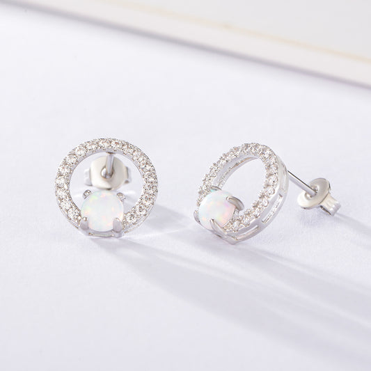925 Sterling Silver Round Opal Stud Earrings, 4-Prong Jewelry