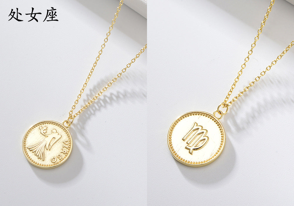 925 Sterling Silver Gold Plated 12 Zodiac Coin Necklace, Vintage Ins Style Jewelry