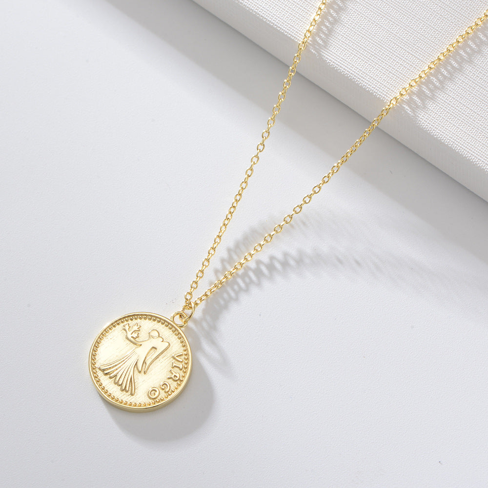 925 Sterling Silver Gold Plated 12 Zodiac Coin Necklace, Vintage Ins Style Jewelry