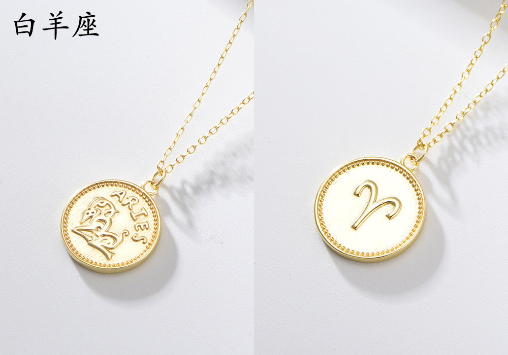 925 Sterling Silver Gold Plated 12 Zodiac Coin Necklace, Vintage Ins Style Jewelry