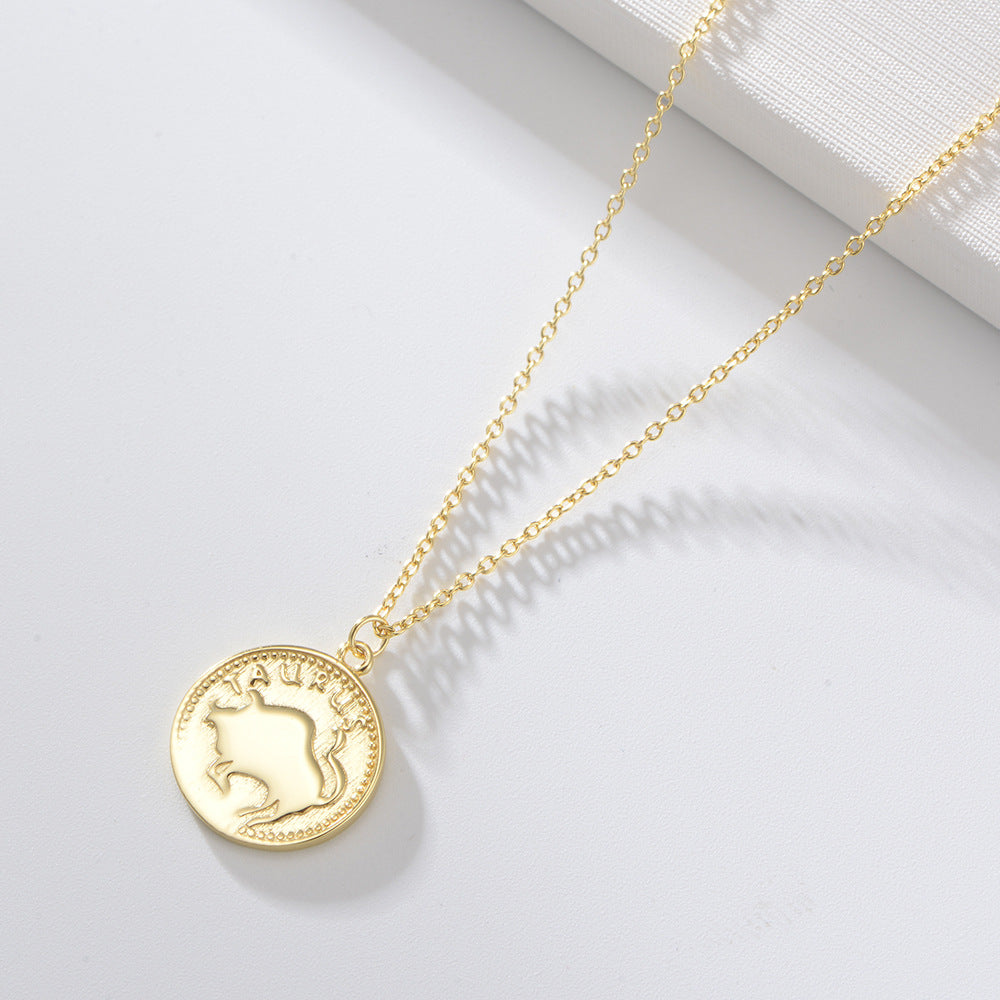 925 Sterling Silver Gold Plated 12 Zodiac Coin Necklace, Vintage Ins Style Jewelry