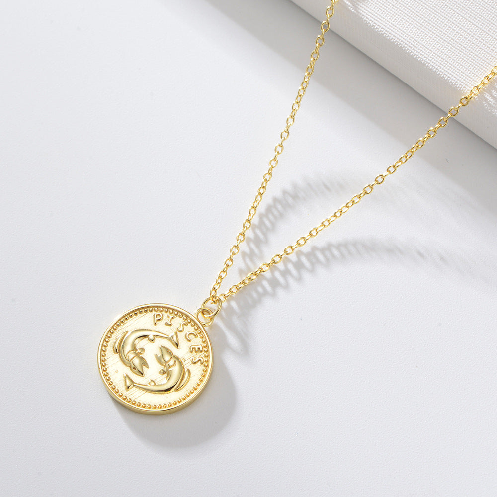 925 Sterling Silver Gold Plated 12 Zodiac Coin Necklace, Vintage Ins Style Jewelry