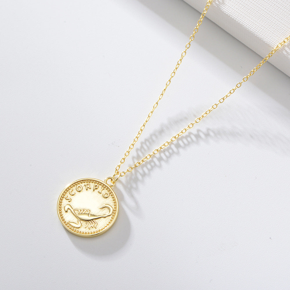 925 Sterling Silver Gold Plated 12 Zodiac Coin Necklace, Vintage Ins Style Jewelry