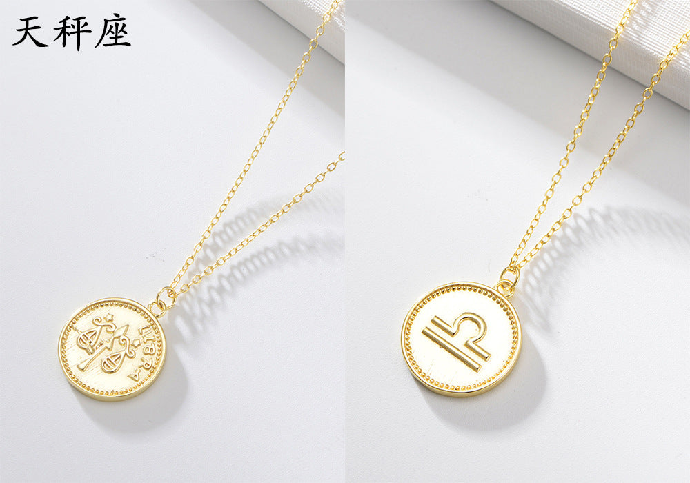 925 Sterling Silver Gold Plated 12 Zodiac Coin Necklace, Vintage Ins Style Jewelry