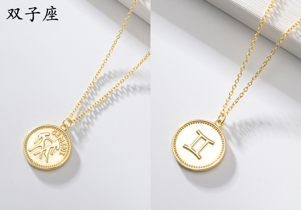 925 Sterling Silver Gold Plated 12 Zodiac Coin Necklace, Vintage Ins Style Jewelry