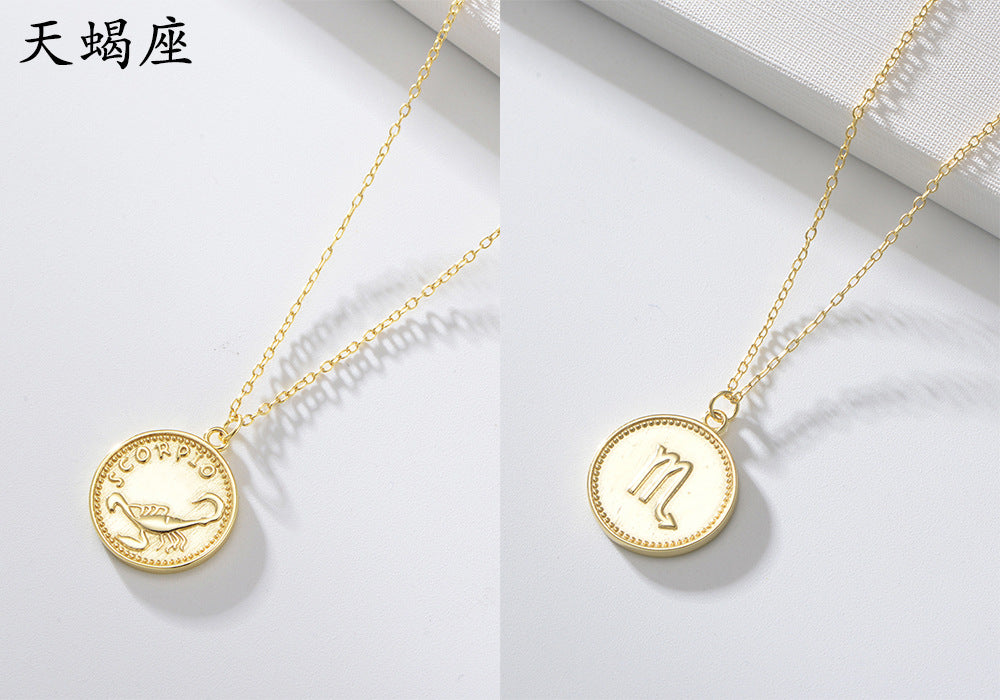 925 Sterling Silver Gold Plated 12 Zodiac Coin Necklace, Vintage Ins Style Jewelry