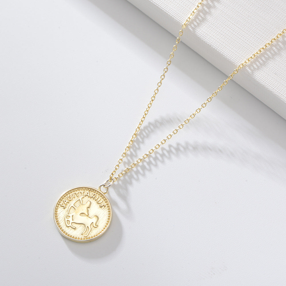 925 Sterling Silver Gold Plated 12 Zodiac Coin Necklace, Vintage Ins Style Jewelry