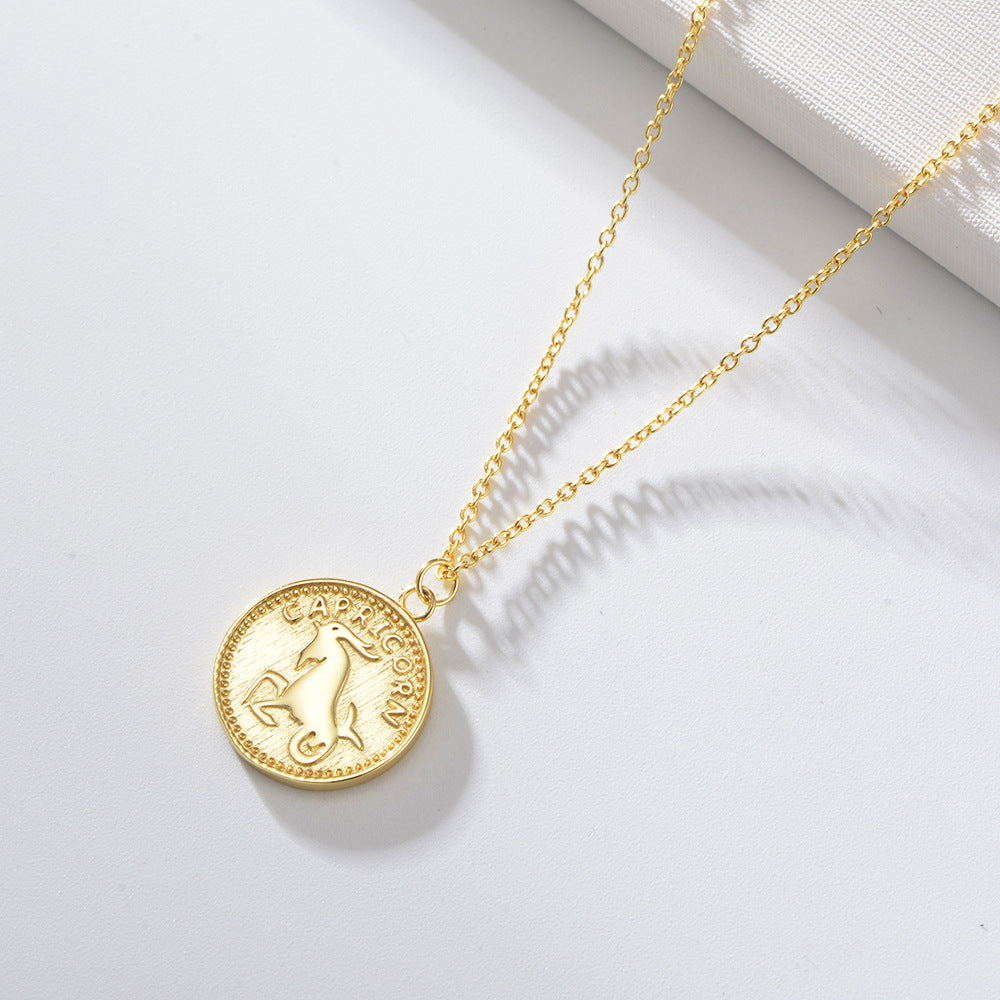 925 Sterling Silver Gold Plated 12 Zodiac Coin Necklace, Vintage Ins Style Jewelry