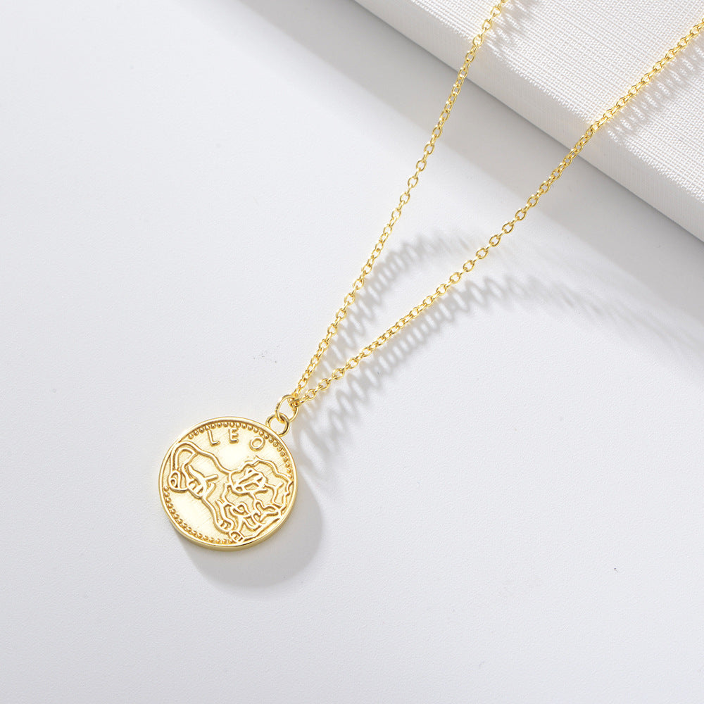 925 Sterling Silver Gold Plated 12 Zodiac Coin Necklace, Vintage Ins Style Jewelry