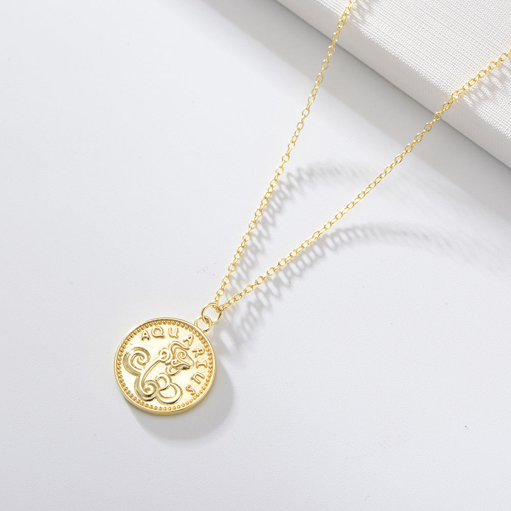 925 Sterling Silver Gold Plated 12 Zodiac Coin Necklace, Vintage Ins Style Jewelry