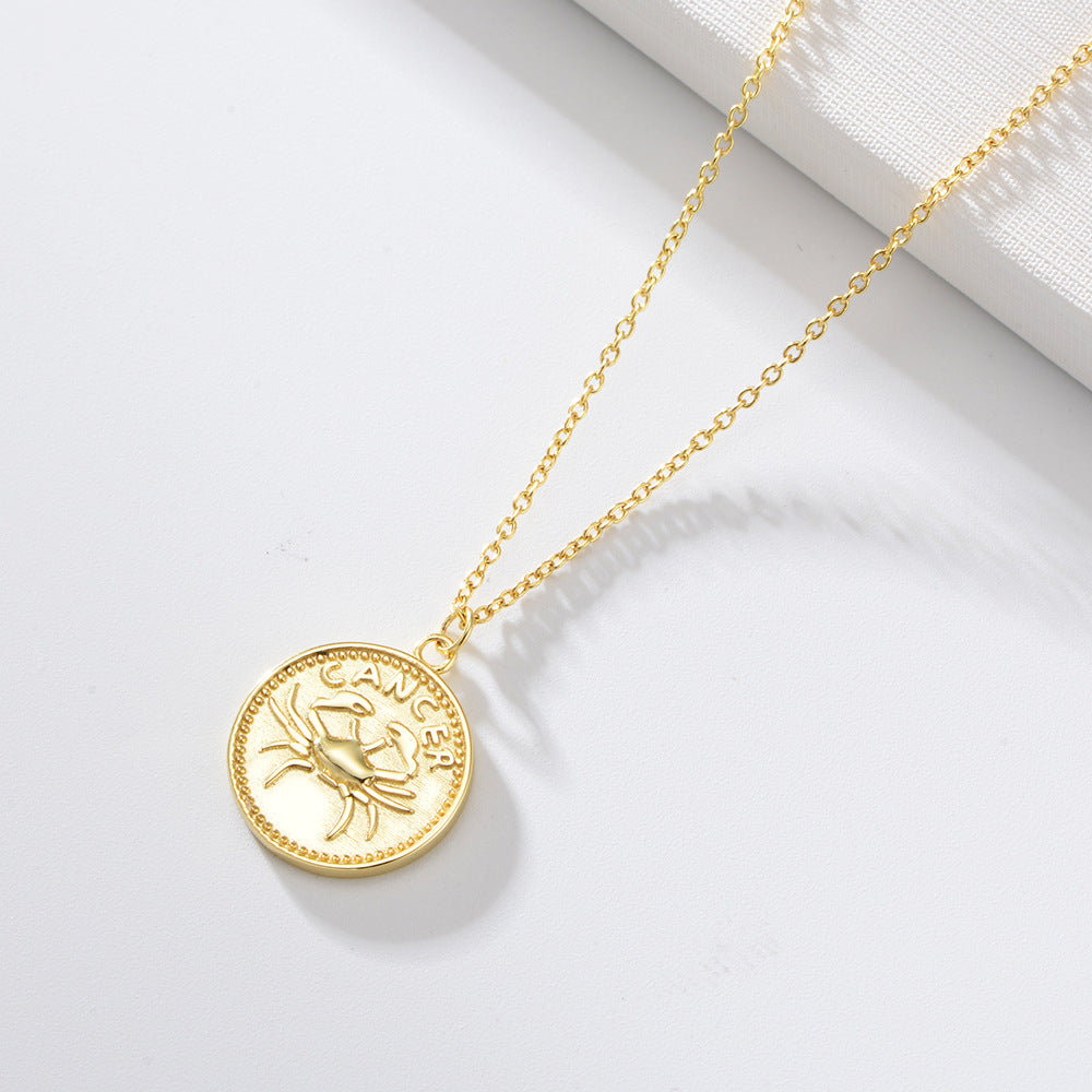 925 Sterling Silver Gold Plated 12 Zodiac Coin Necklace, Vintage Ins Style Jewelry