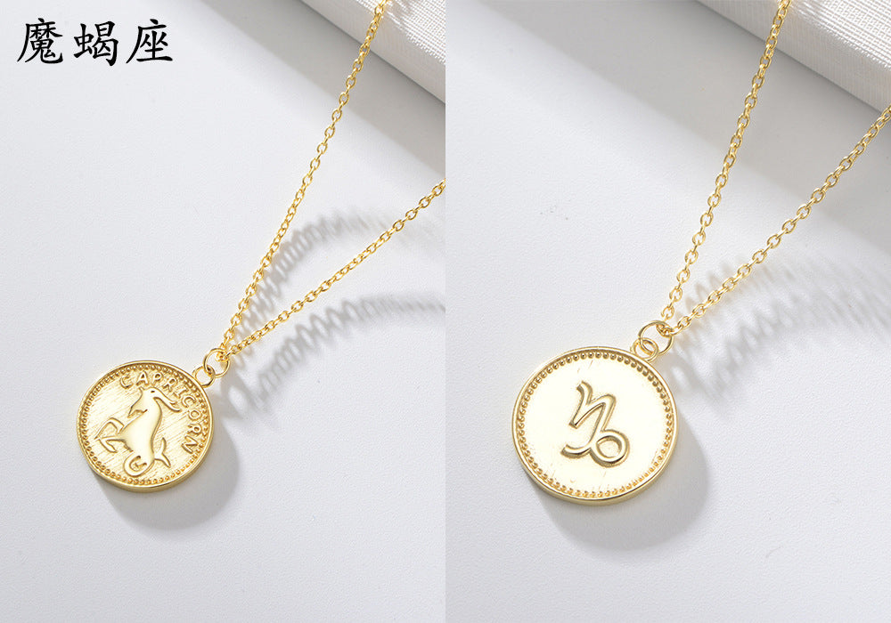 925 Sterling Silver Gold Plated 12 Zodiac Coin Necklace, Vintage Ins Style Jewelry