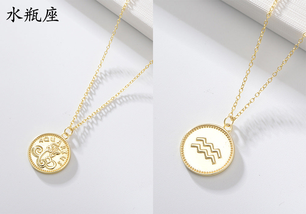 925 Sterling Silver Gold Plated 12 Zodiac Coin Necklace, Vintage Ins Style Jewelry