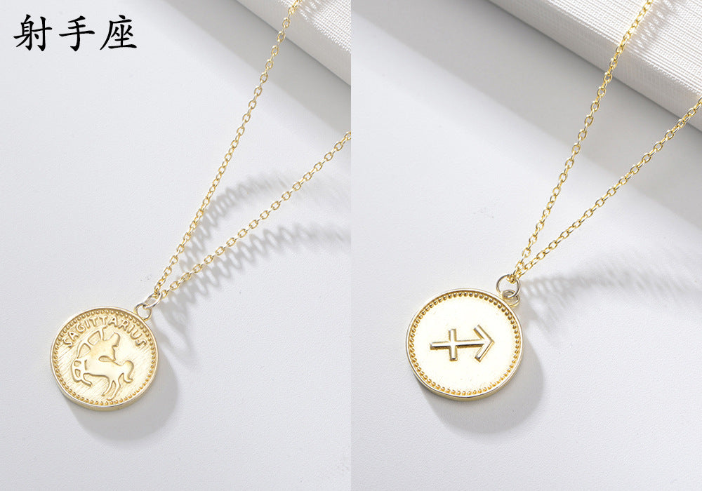 925 Sterling Silver Gold Plated 12 Zodiac Coin Necklace, Vintage Ins Style Jewelry