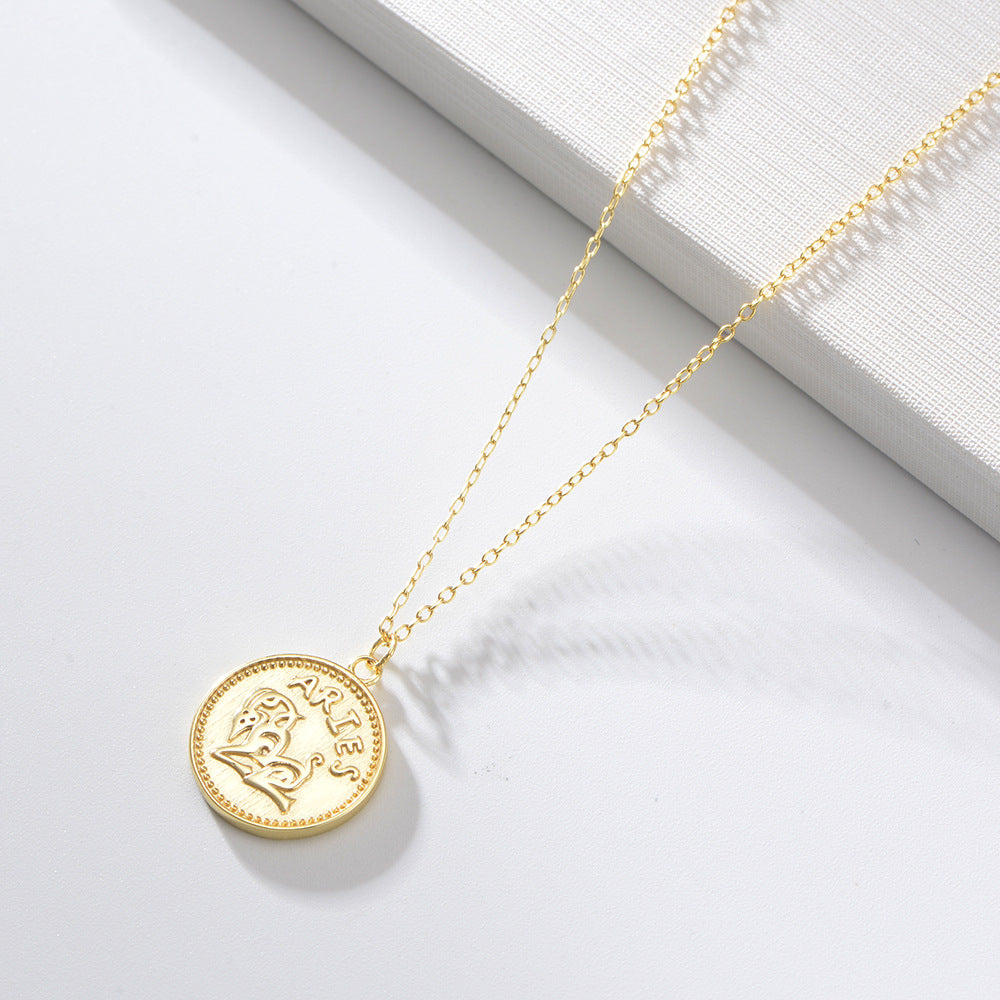 925 Sterling Silver Gold Plated 12 Zodiac Coin Necklace, Vintage Ins Style Jewelry