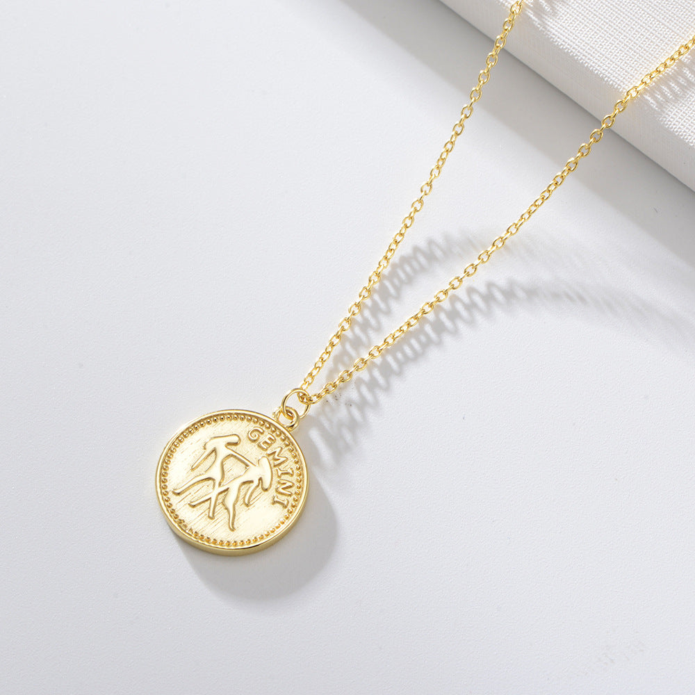925 Sterling Silver Gold Plated 12 Zodiac Coin Necklace, Vintage Ins Style Jewelry