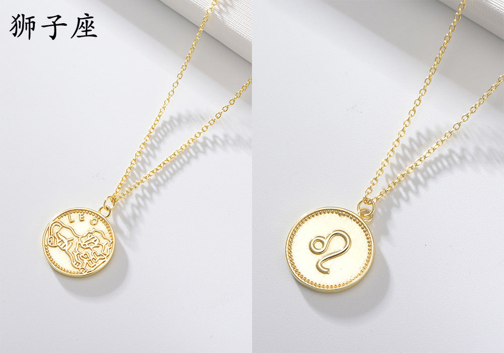 925 Sterling Silver Gold Plated 12 Zodiac Coin Necklace, Vintage Ins Style Jewelry