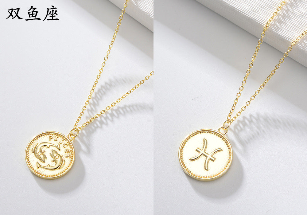 925 Sterling Silver Gold Plated 12 Zodiac Coin Necklace, Vintage Ins Style Jewelry