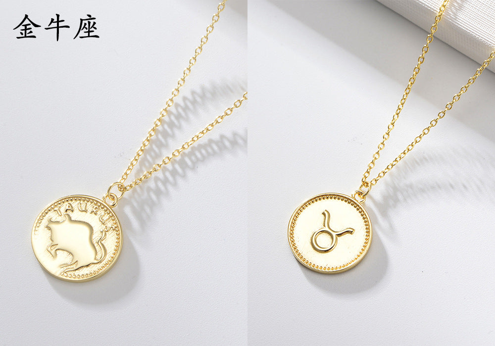 925 Sterling Silver Gold Plated 12 Zodiac Coin Necklace, Vintage Ins Style Jewelry