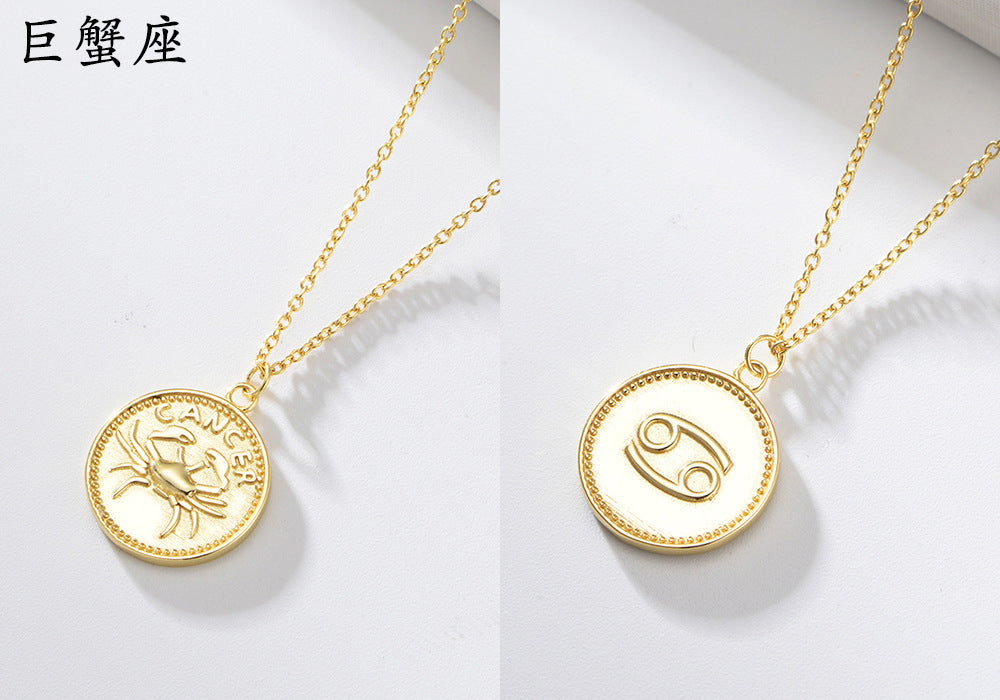 925 Sterling Silver Gold Plated 12 Zodiac Coin Necklace, Vintage Ins Style Jewelry