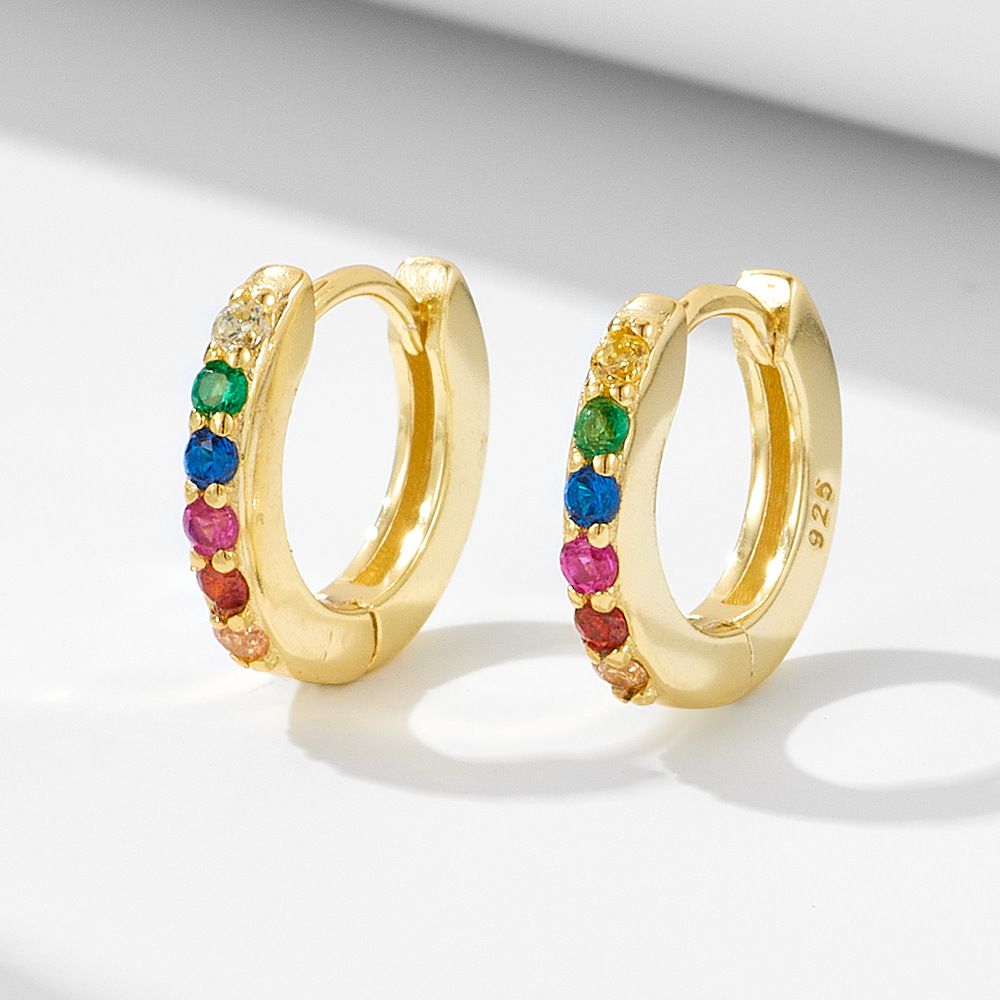 925 Sterling Silver Rainbow Zircon Hoop Earrings, Micro-Pave Colored CZ Huggie Hoops, Hypoallergenic Round Ear Buckles, Dainty Tiny Hoops for Women
