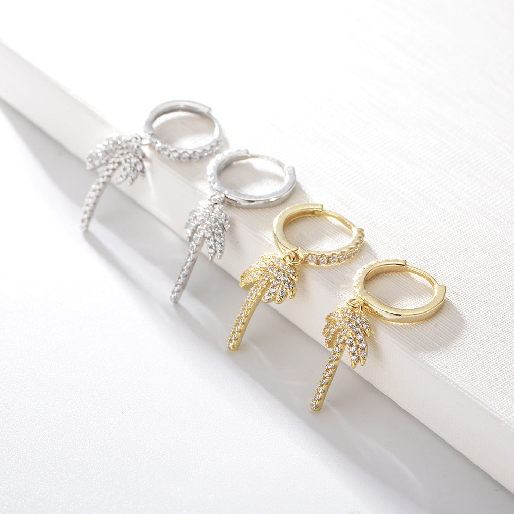 925 Sterling Silver Palm Tree Huggie Hoop Earrings, Zirconia Jewelry