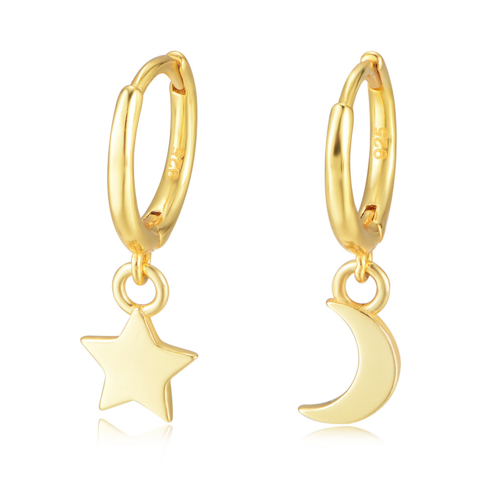 925 Sterling Silver Asymmetric Star and Moon Drop Earrings, Gold-Plated Trendy Aesthetic Jewelry