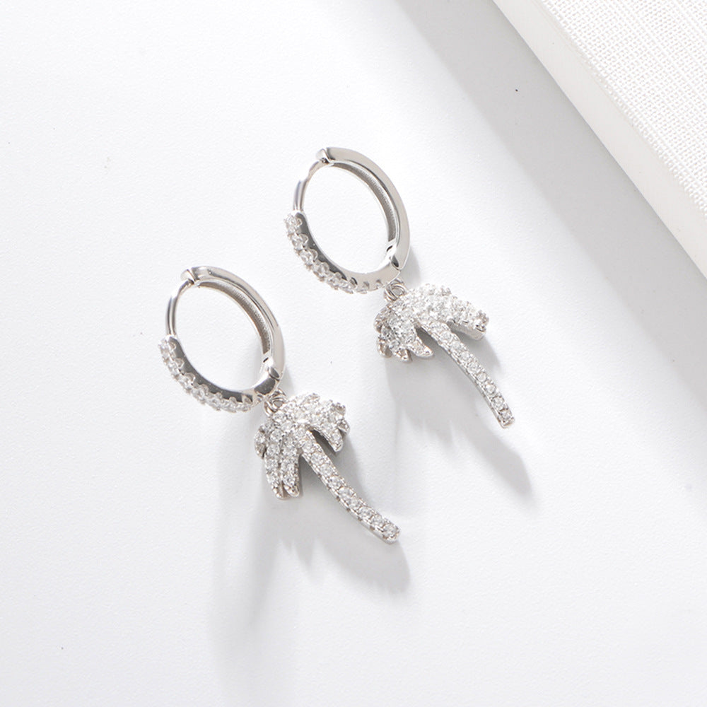 925 Sterling Silver Palm Tree Huggie Hoop Earrings, Zirconia Jewelry
