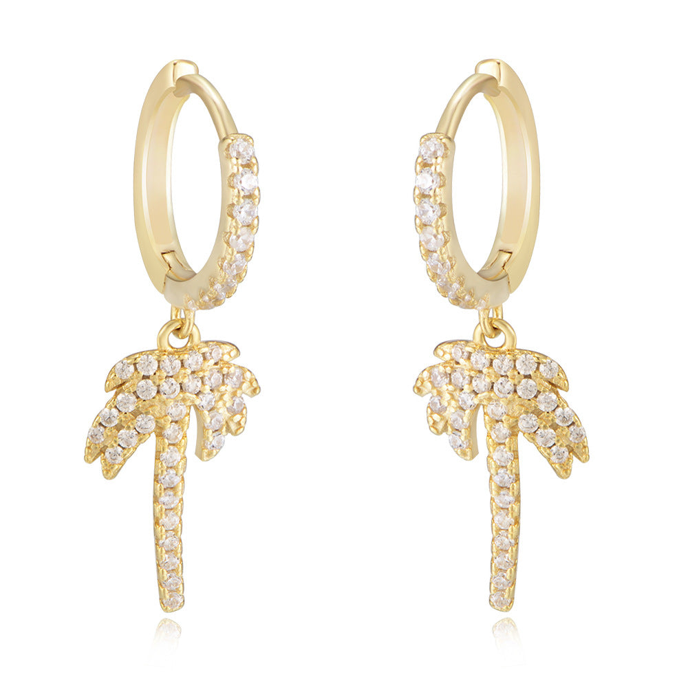 925 Sterling Silver Palm Tree Huggie Hoop Earrings, Zirconia Jewelry
