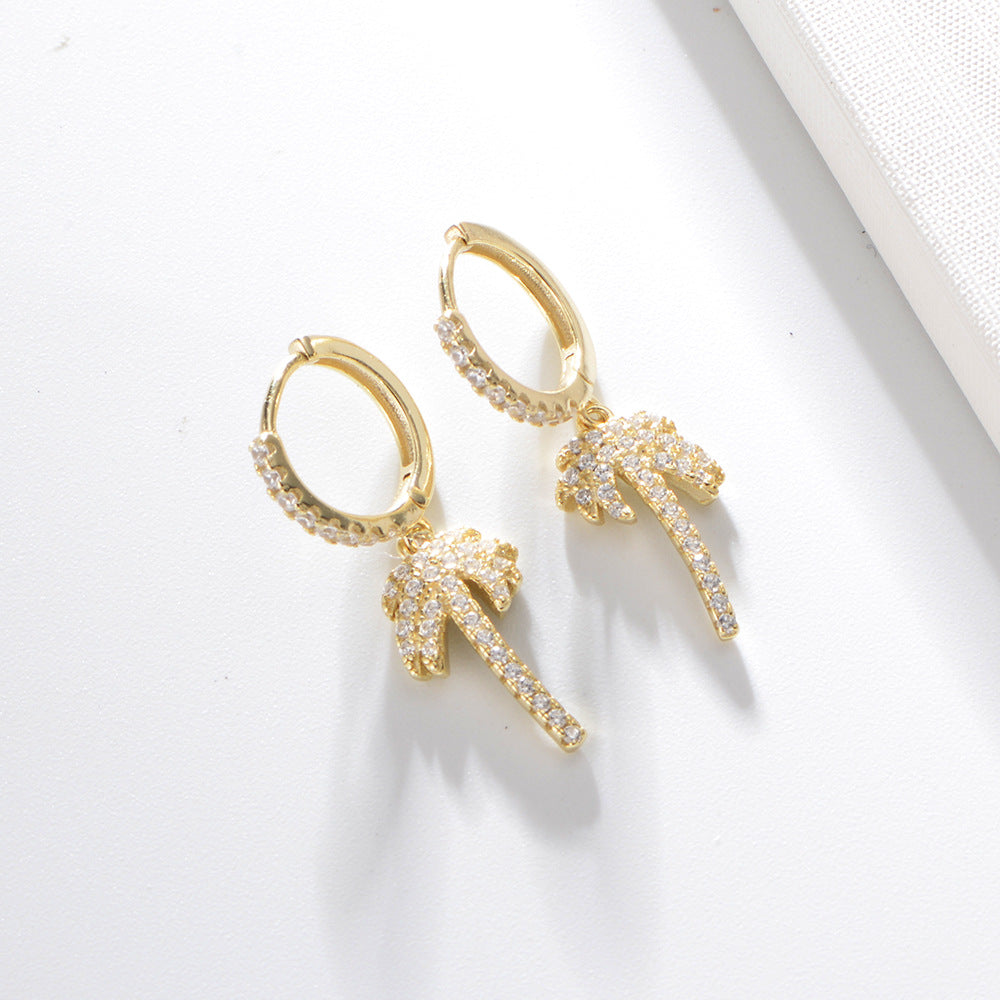 925 Sterling Silver Palm Tree Huggie Hoop Earrings, Zirconia Jewelry
