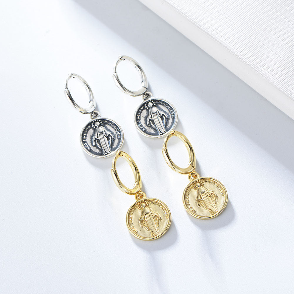 S925 Silver Retro Religious Medallion Dangle Earrings - Modern Street Style Aesthetic