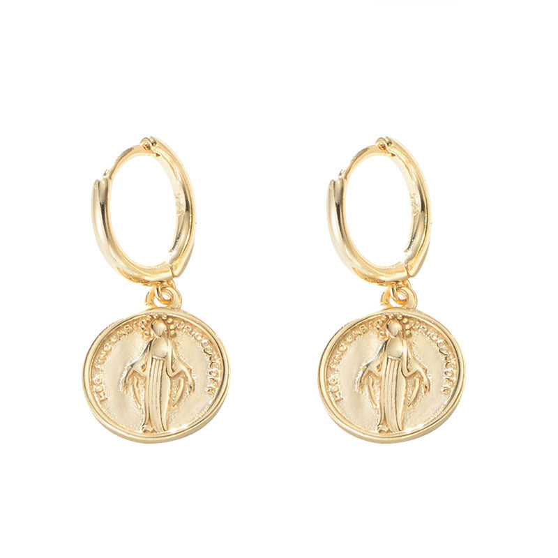 S925 Silver Retro Religious Medallion Dangle Earrings - Modern Street Style Aesthetic