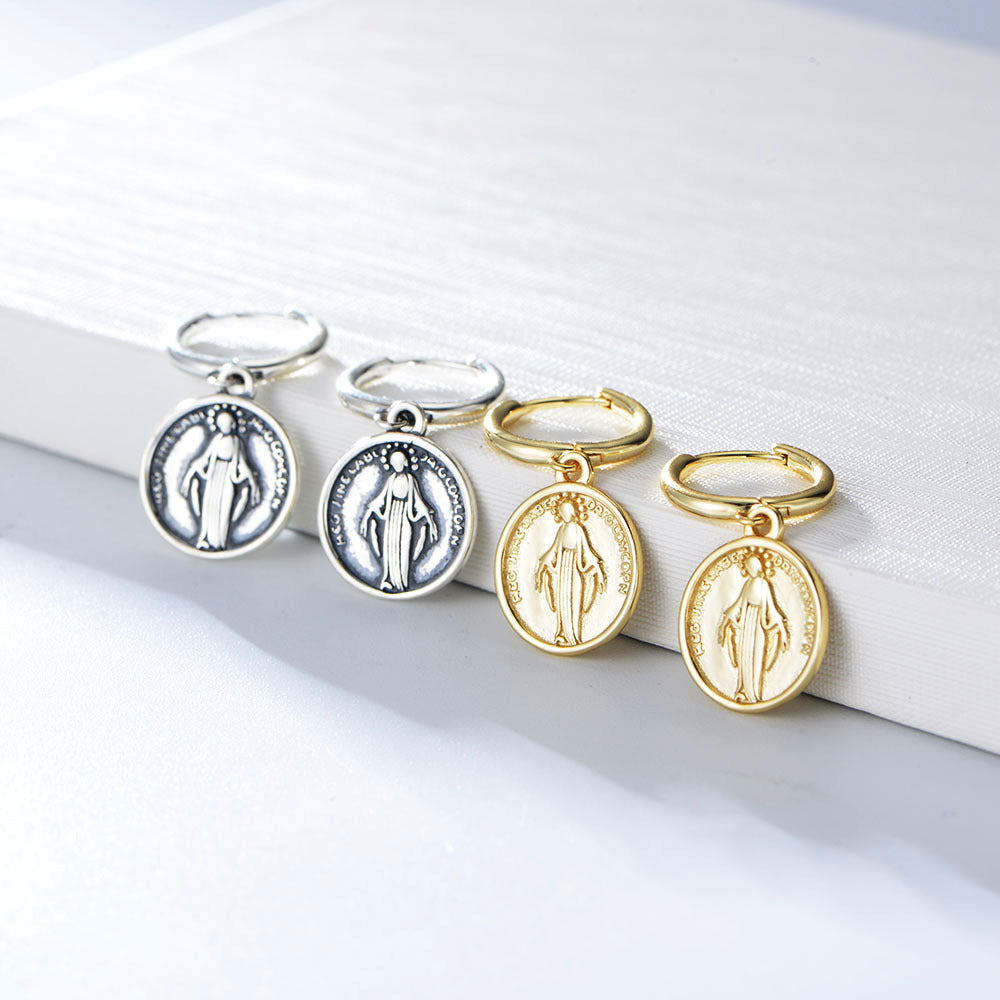 S925 Silver Retro Religious Medallion Dangle Earrings - Modern Street Style Aesthetic