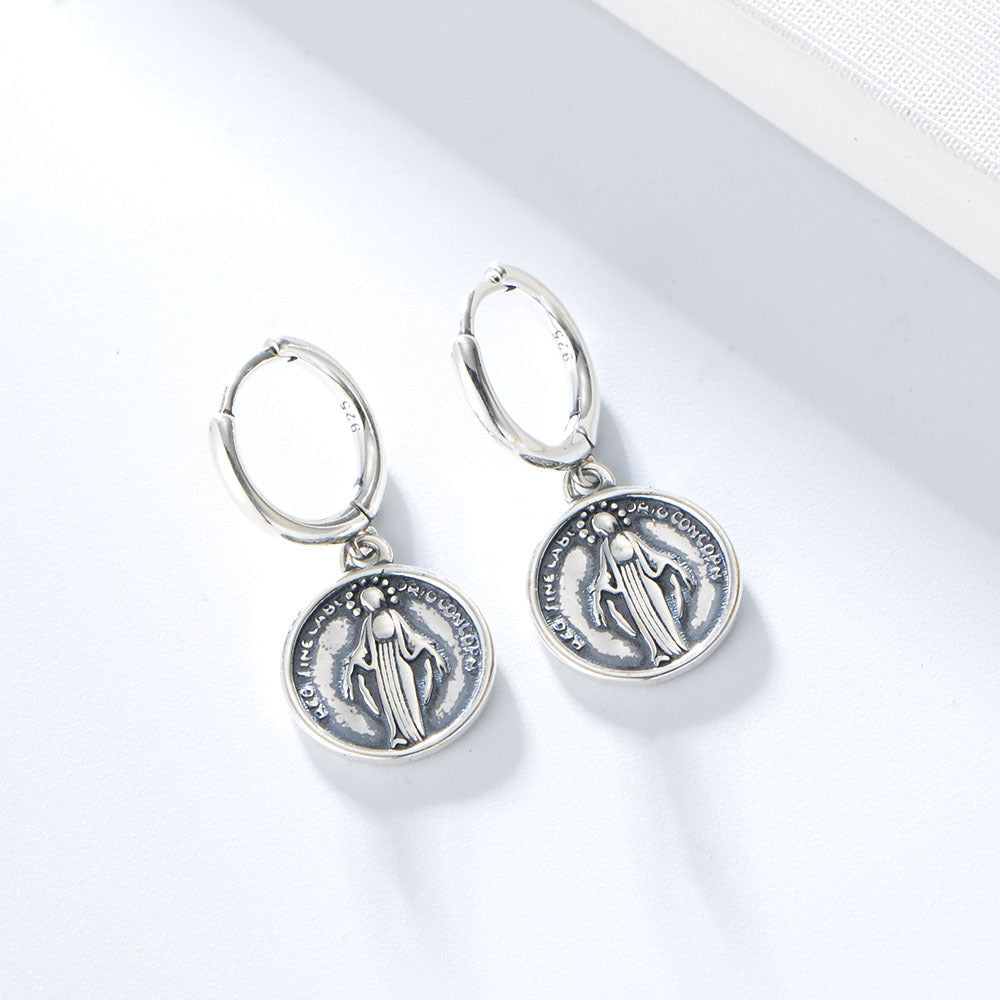 S925 Silver Retro Religious Medallion Dangle Earrings - Modern Street Style Aesthetic