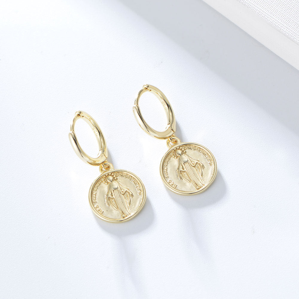 S925 Silver Retro Religious Medallion Dangle Earrings - Modern Street Style Aesthetic