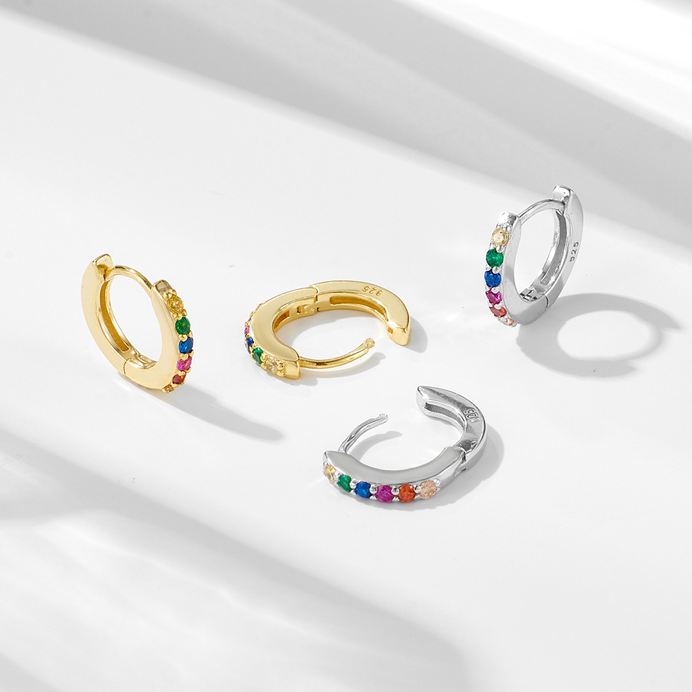 925 Sterling Silver Rainbow Zircon Hoop Earrings, Micro-Pave Colored CZ Huggie Hoops, Hypoallergenic Round Ear Buckles, Dainty Tiny Hoops for Women