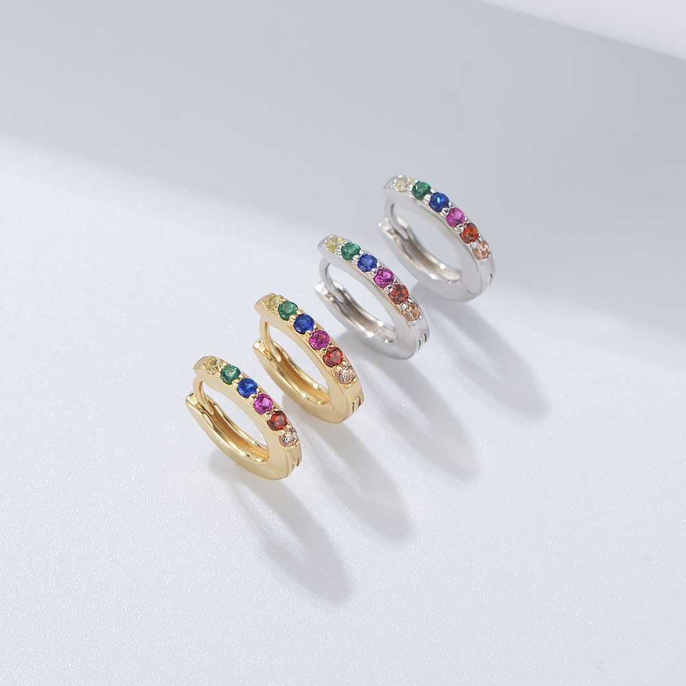 925 Sterling Silver Rainbow Zircon Hoop Earrings, Micro-Pave Colored CZ Huggie Hoops, Hypoallergenic Round Ear Buckles, Dainty Tiny Hoops for Women