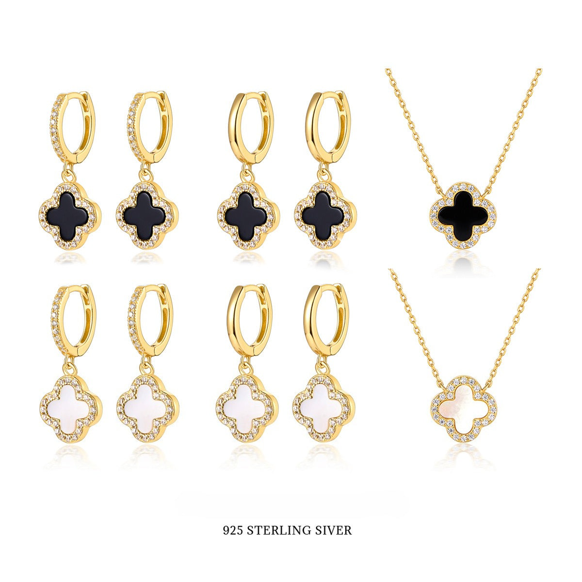 Four Leaf Clover Necklace & Earrings Set - Sterling Silver Black Agate Jewelry Gift