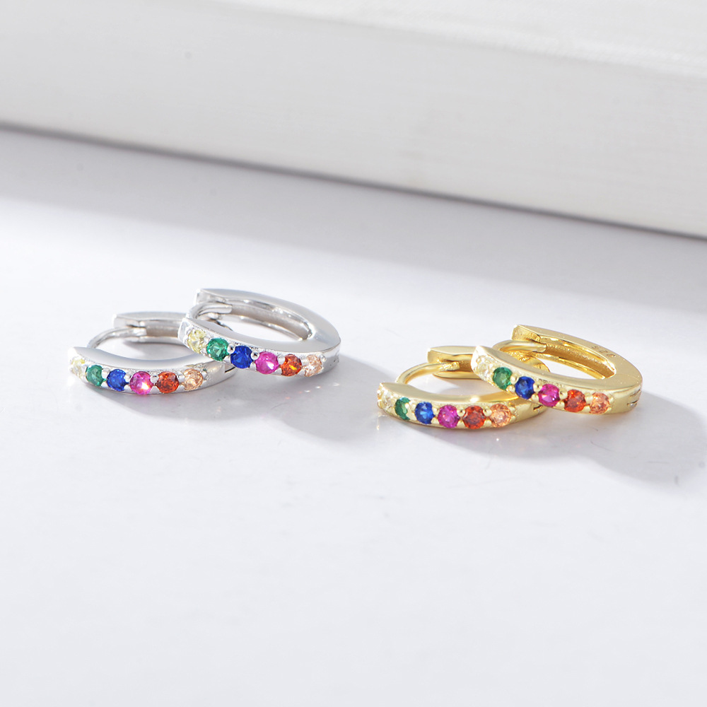925 Sterling Silver Rainbow Zircon Hoop Earrings, Micro-Pave Colored CZ Huggie Hoops, Hypoallergenic Round Ear Buckles, Dainty Tiny Hoops for Women