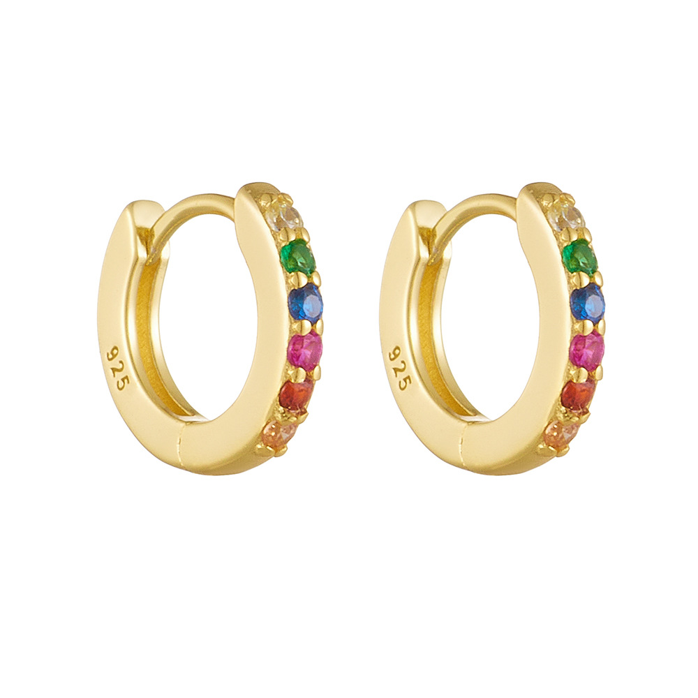 925 Sterling Silver Rainbow Zircon Hoop Earrings, Micro-Pave Colored CZ Huggie Hoops, Hypoallergenic Round Ear Buckles, Dainty Tiny Hoops for Women