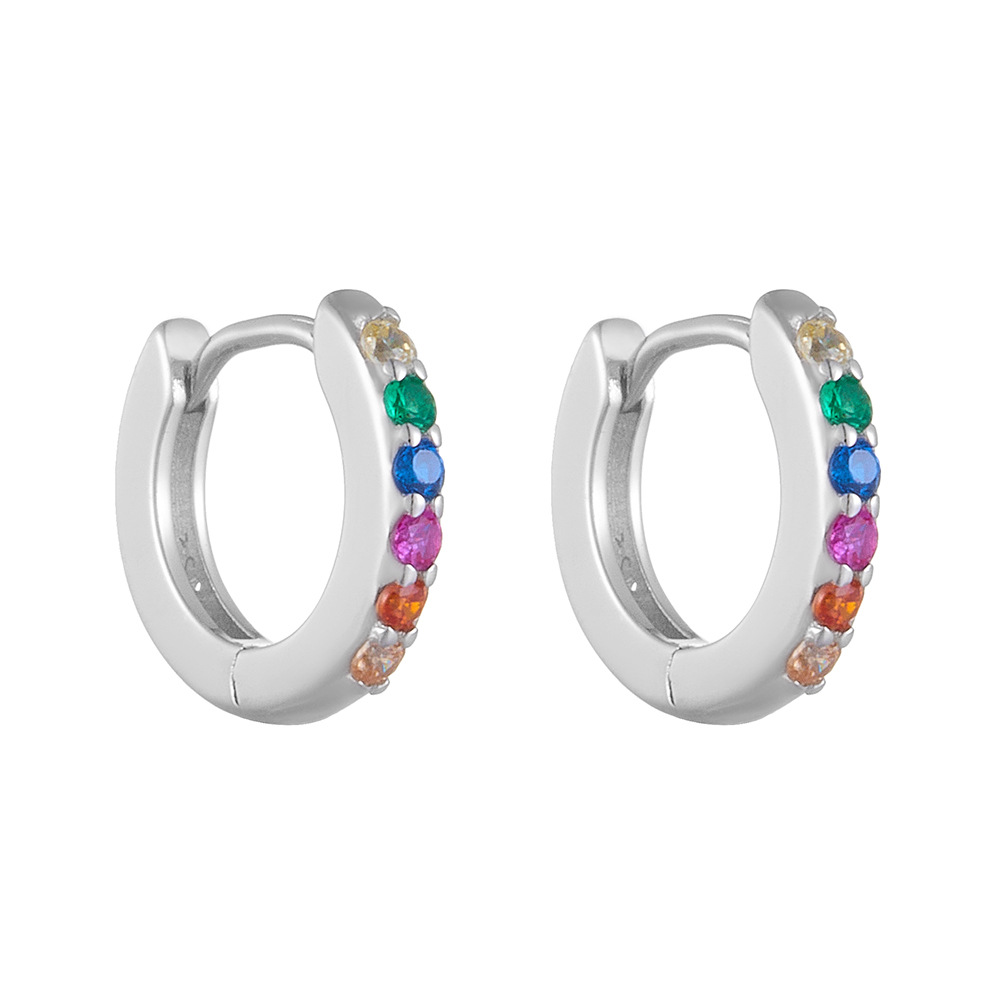 925 Sterling Silver Rainbow Zircon Hoop Earrings, Micro-Pave Colored CZ Huggie Hoops, Hypoallergenic Round Ear Buckles, Dainty Tiny Hoops for Women