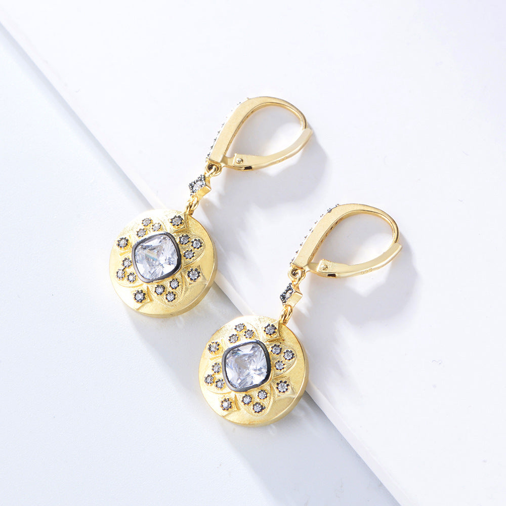 925 Sterling Silver Matte 14K Gold Earrings, Vintage Pave Zirconia