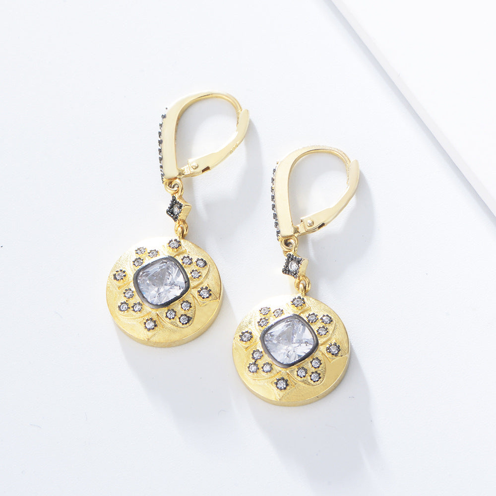 925 Sterling Silver Matte 14K Gold Earrings, Vintage Pave Zirconia